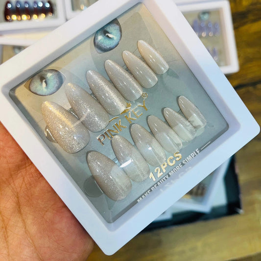 Pink Key Stylish Artifical Nails With Free Stickers 12 Pcs)